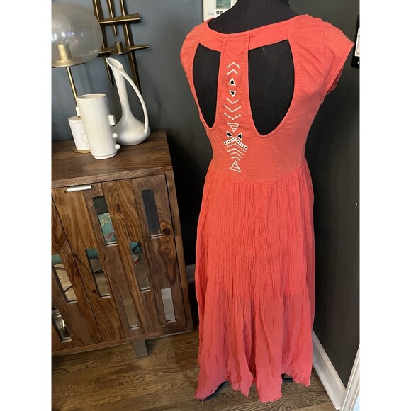 Free People Embroidered Coral Dress Cutouts Boho Gauze Skirt Cottagecore S - Picture 3 of 10
